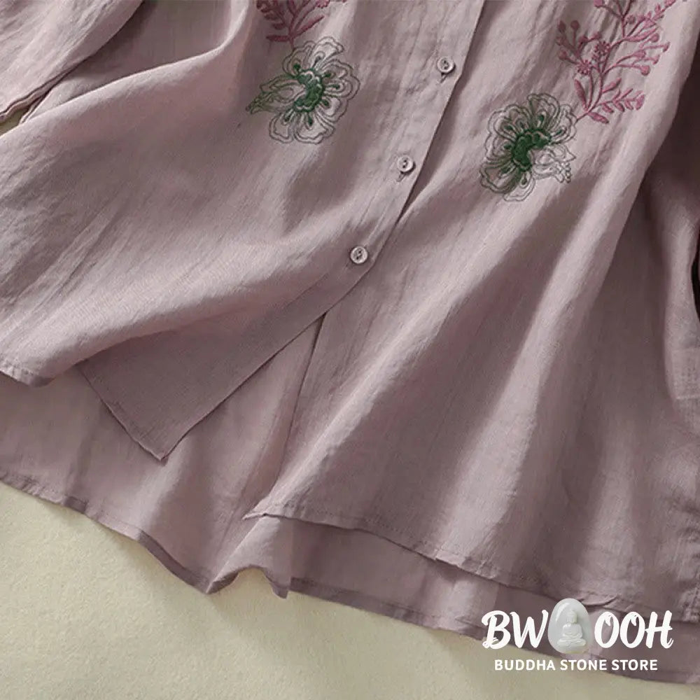 Buddha Stones Embroidery Pleated Design Stand Collar Three Quarter Sleeve Side Slit Hem Women’s Cotton Shirt - Women’s