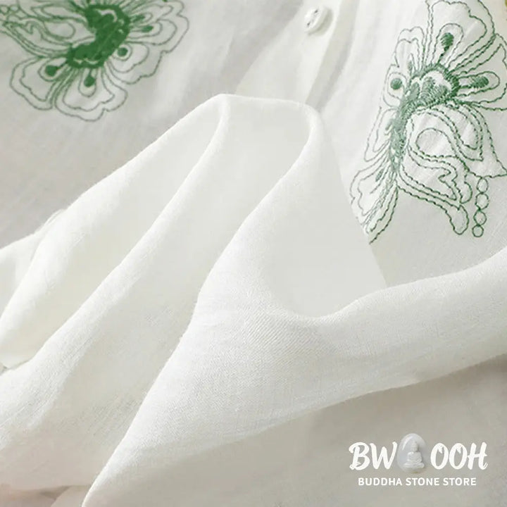 Buddha Stones Embroidery Pleated Design Stand Collar Three Quarter Sleeve Side Slit Hem Women’s Cotton Shirt - Women’s