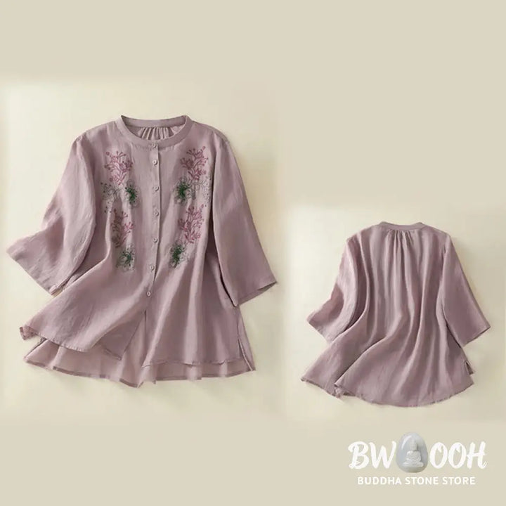 Buddha Stones Embroidery Pleated Design Stand Collar Three Quarter Sleeve Side Slit Hem Women’s Cotton Shirt - Women’s