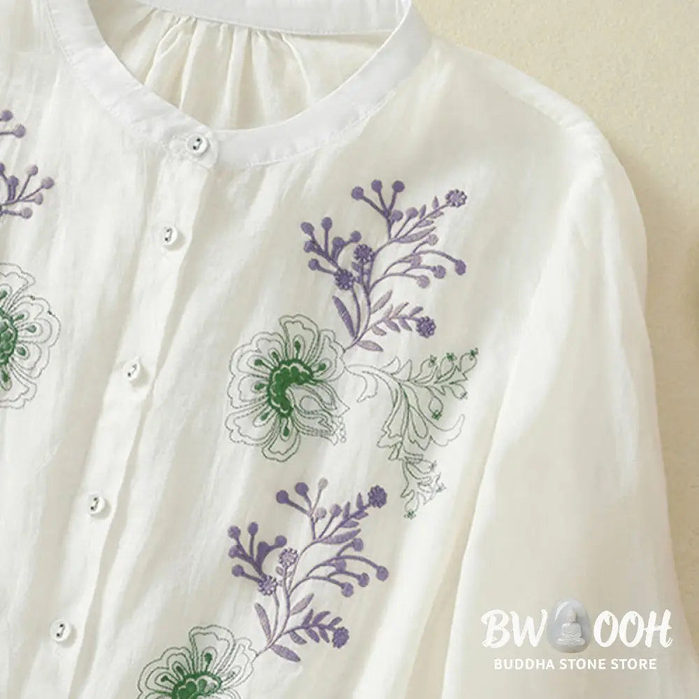 Buddha Stones Embroidery Pleated Design Stand Collar Three Quarter Sleeve Side Slit Hem Women’s Cotton Shirt - Women’s