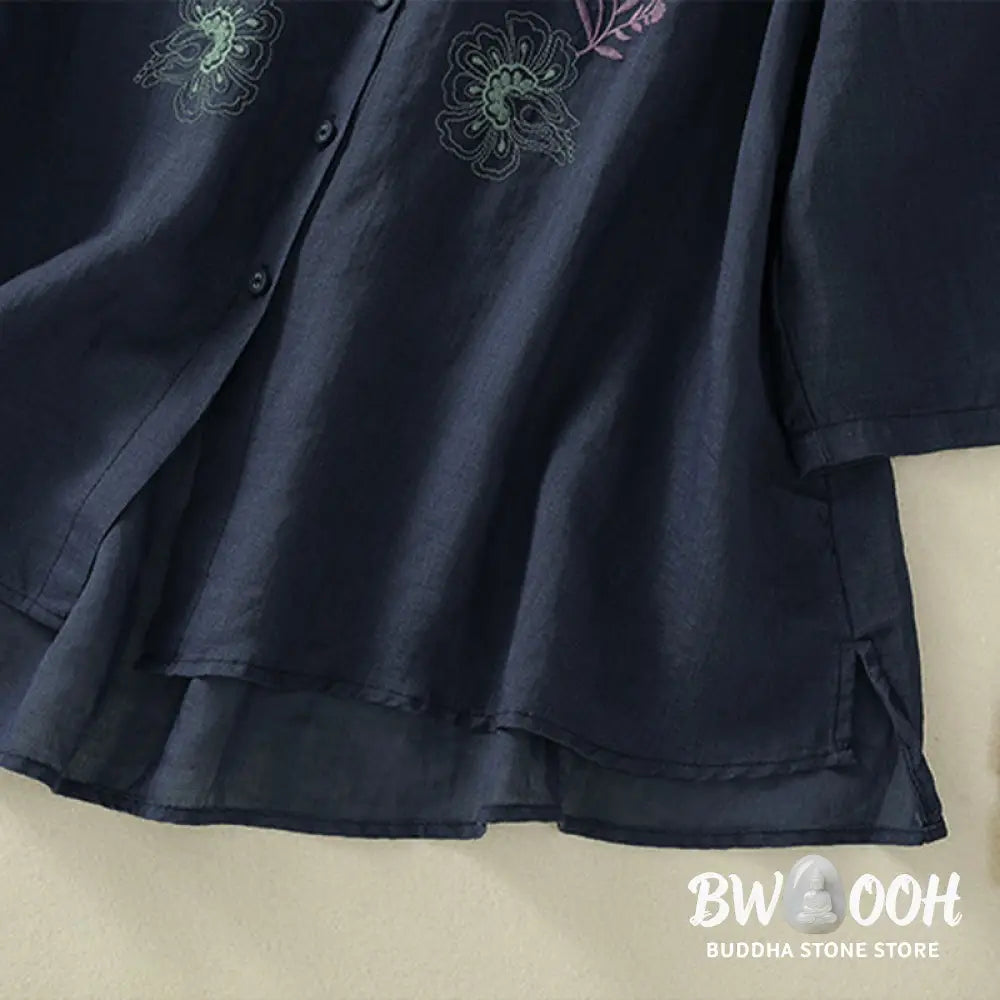 Buddha Stones Embroidery Pleated Design Stand Collar Three Quarter Sleeve Side Slit Hem Women’s Cotton Shirt - Women’s