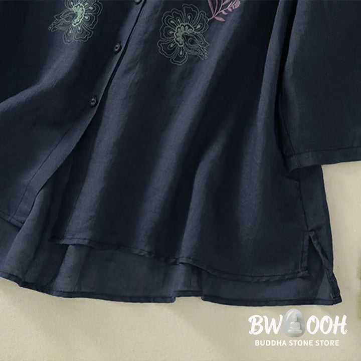 Buddha Stones Embroidery Pleated Design Stand Collar Three Quarter Sleeve Side Slit Hem Women’s Cotton Shirt - Women’s