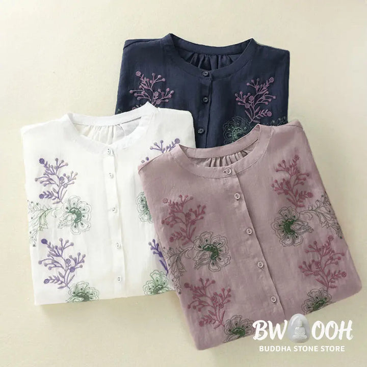 Buddha Stones Embroidery Pleated Design Stand Collar Three Quarter Sleeve Side Slit Hem Women’s Cotton Shirt - Women’s