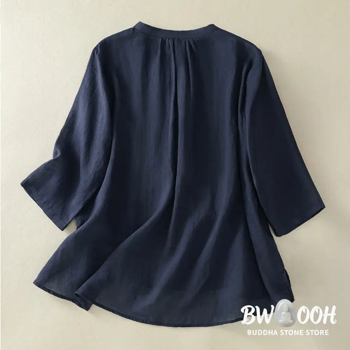 Buddha Stones Embroidery Pleated Design Stand Collar Three Quarter Sleeve Side Slit Hem Women’s Cotton Shirt - Women’s