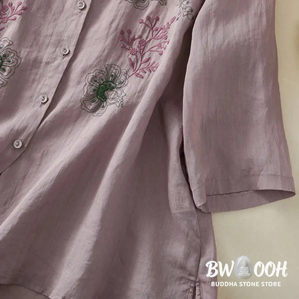 Buddha Stones Embroidery Pleated Design Stand Collar Three Quarter Sleeve Side Slit Hem Women’s Cotton Shirt - Women’s