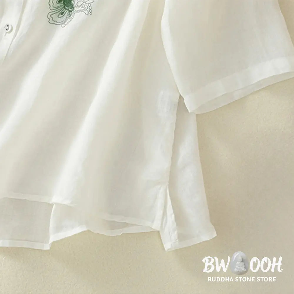 Buddha Stones Embroidery Pleated Design Stand Collar Three Quarter Sleeve Side Slit Hem Women’s Cotton Shirt - Women’s