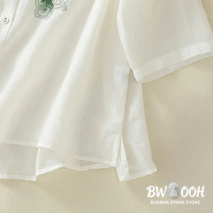 Buddha Stones Embroidery Pleated Design Stand Collar Three Quarter Sleeve Side Slit Hem Women’s Cotton Shirt - Women’s