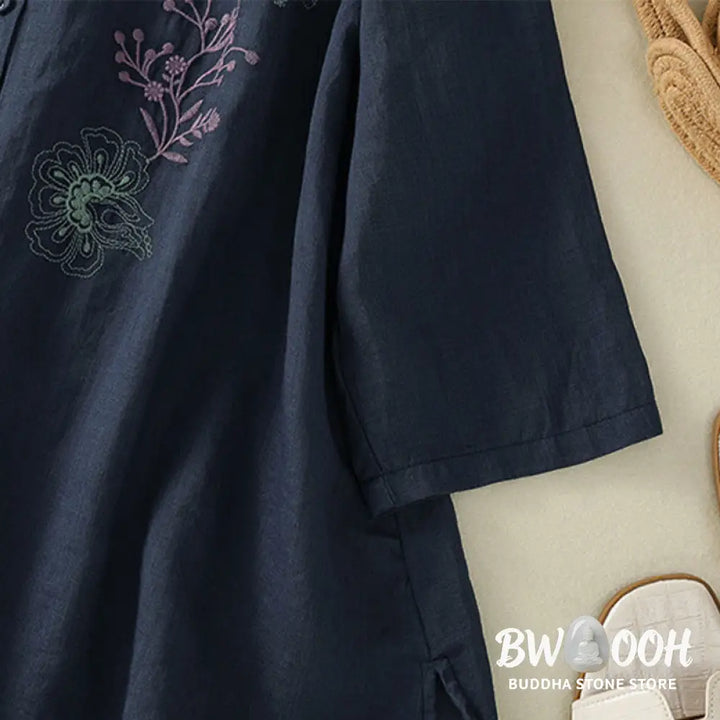 Buddha Stones Embroidery Pleated Design Stand Collar Three Quarter Sleeve Side Slit Hem Women’s Cotton Shirt - Women’s