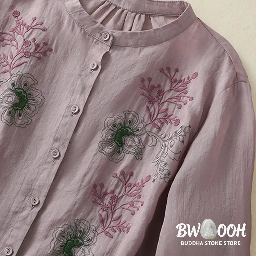 Buddha Stones Embroidery Pleated Design Stand Collar Three Quarter Sleeve Side Slit Hem Women’s Cotton Shirt - Women’s