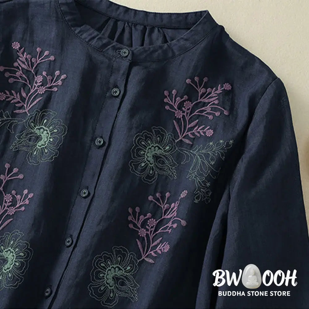 Buddha Stones Embroidery Pleated Design Stand Collar Three Quarter Sleeve Side Slit Hem Women’s Cotton Shirt - Women’s