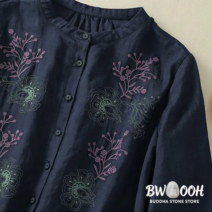 Buddha Stones Embroidery Pleated Design Stand Collar Three Quarter Sleeve Side Slit Hem Women’s Cotton Shirt - Women’s
