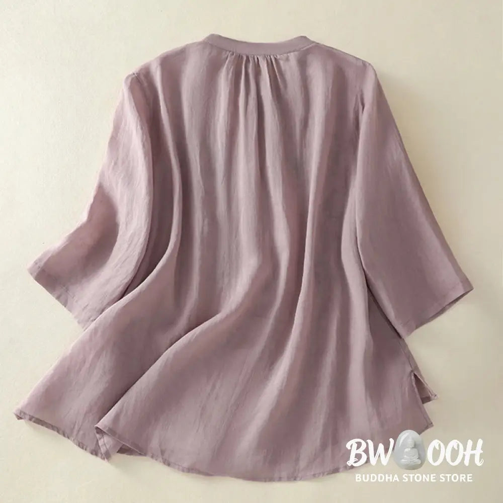 Buddha Stones Embroidery Pleated Design Stand Collar Three Quarter Sleeve Side Slit Hem Women’s Cotton Shirt - Women’s