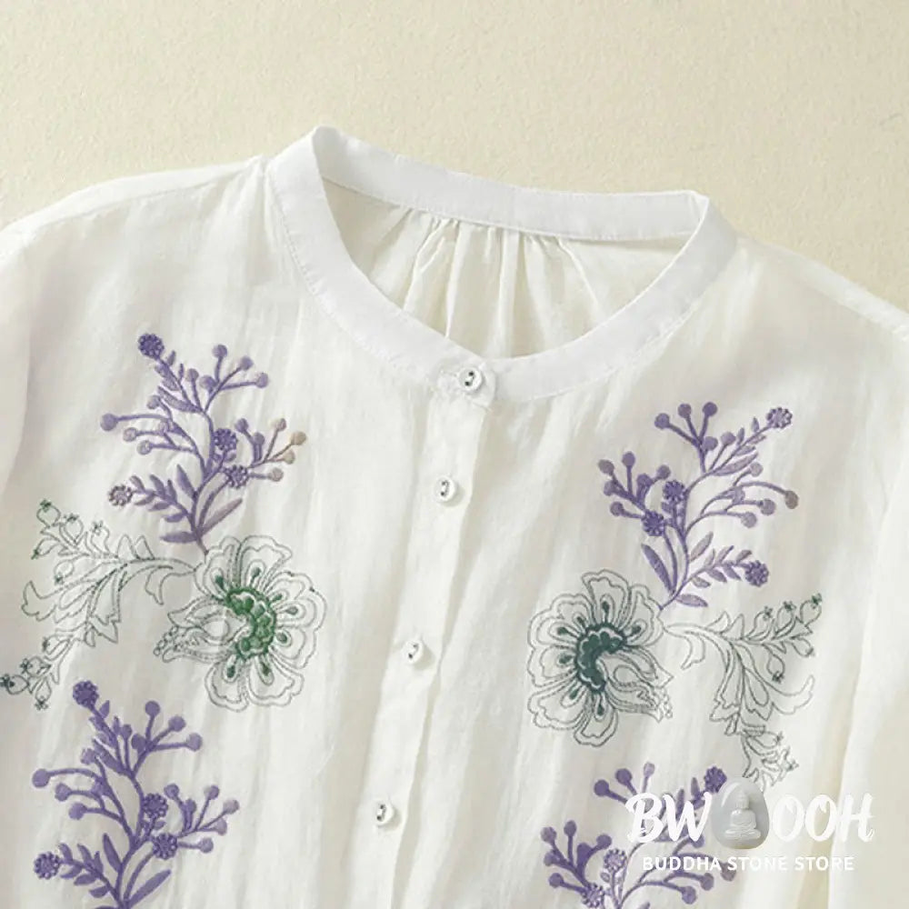 Buddha Stones Embroidery Pleated Design Stand Collar Three Quarter Sleeve Side Slit Hem Women’s Cotton Shirt - Women’s