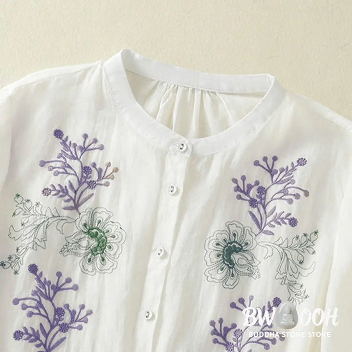 Buddha Stones Embroidery Pleated Design Stand Collar Three Quarter Sleeve Side Slit Hem Women’s Cotton Shirt - Women’s
