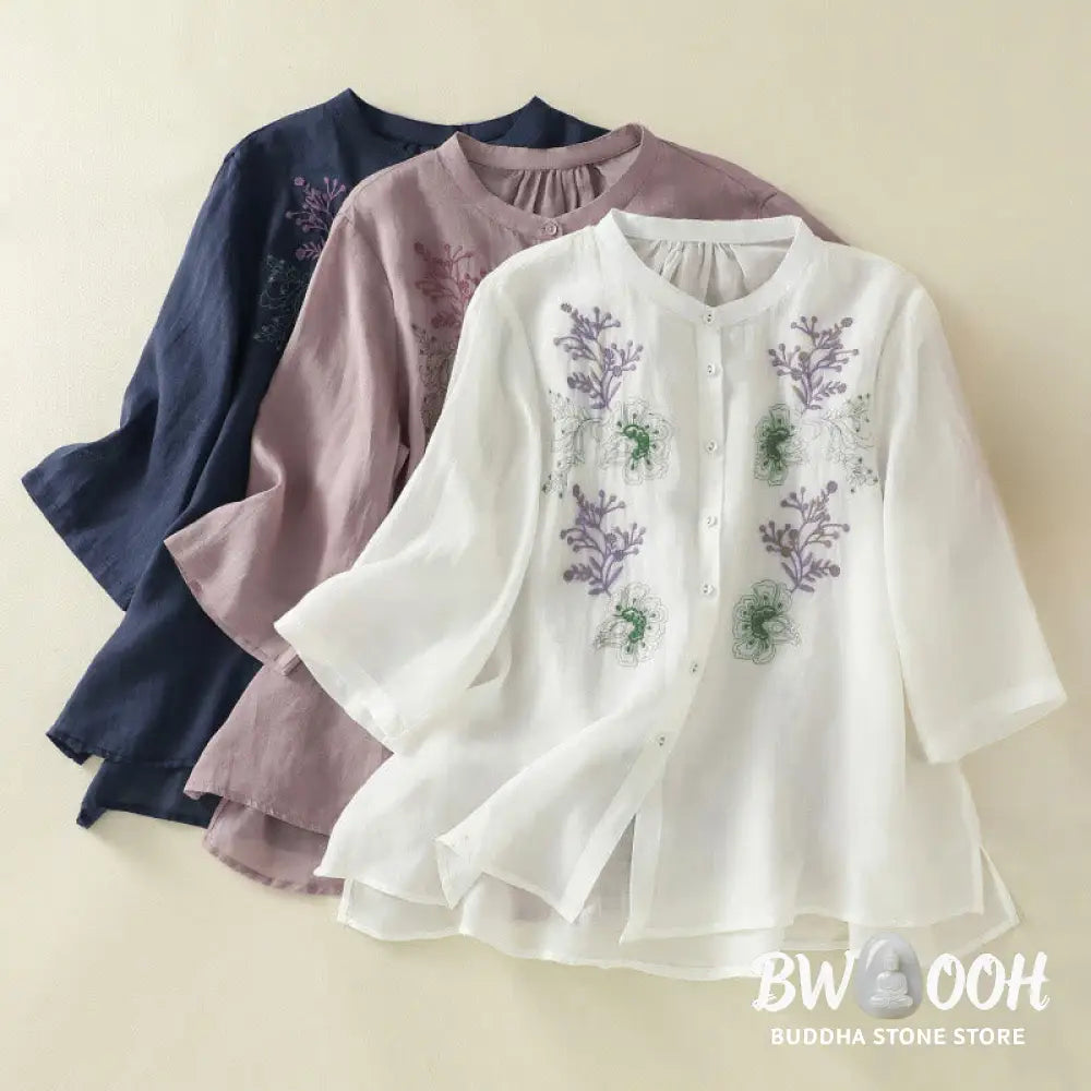 Buddha Stones Embroidery Pleated Design Stand Collar Three Quarter Sleeve Side Slit Hem Women’s Cotton Shirt - Women’s