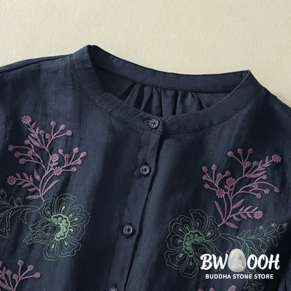 Buddha Stones Embroidery Pleated Design Stand Collar Three Quarter Sleeve Side Slit Hem Women’s Cotton Shirt - Women’s