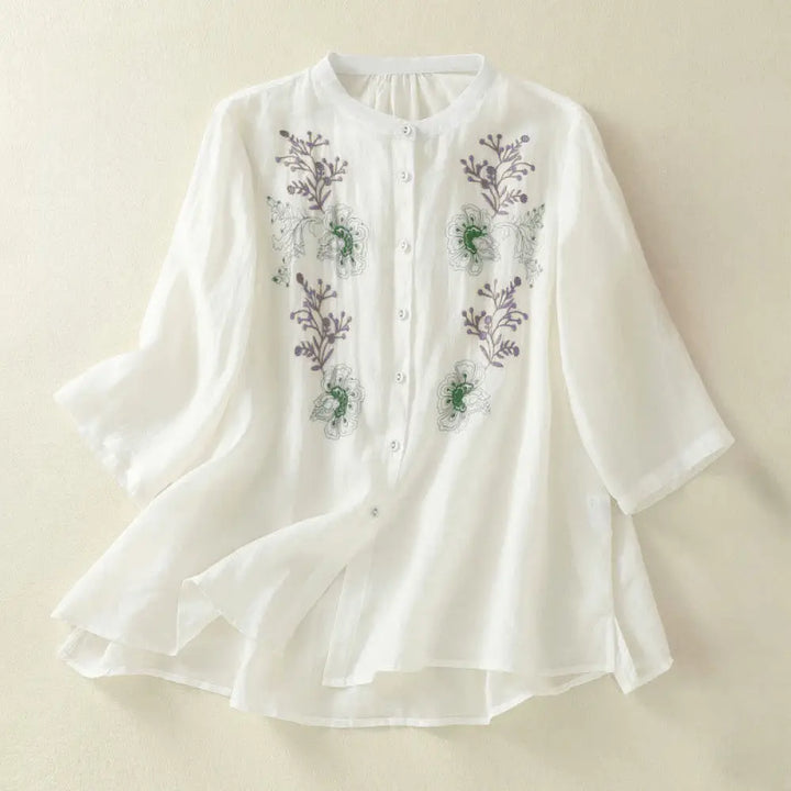 Buddha Stones Embroidery Pleated Design Stand Collar Three Quarter Sleeve Side Slit Hem Women’s Cotton Shirt - White