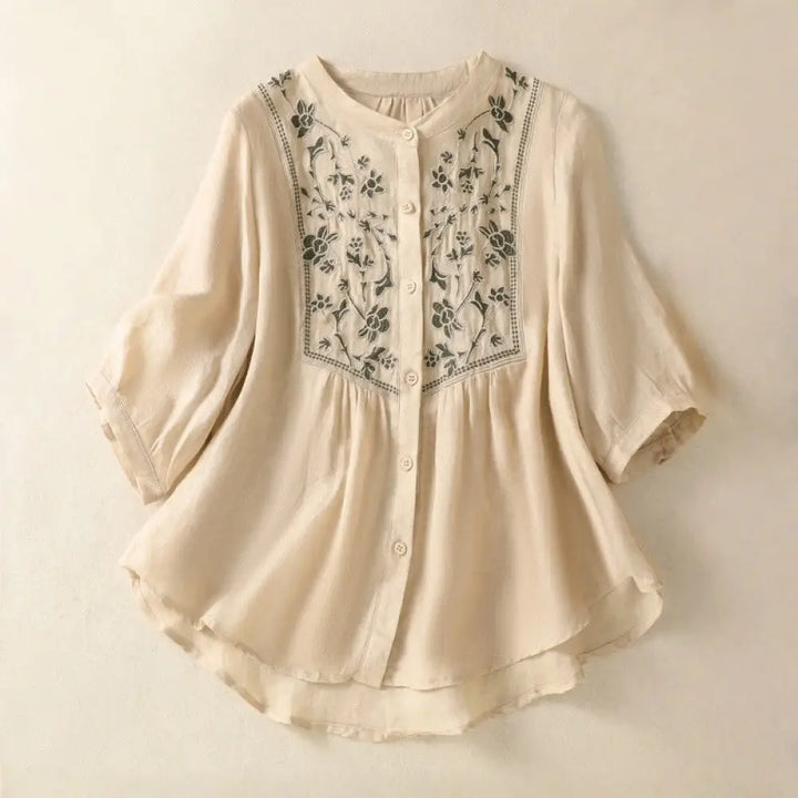 Buddha Stones Embroidery Single Breasted Women’s Cotton Linen Three Quarter Sleeve Shirt - PaleGoldenrod