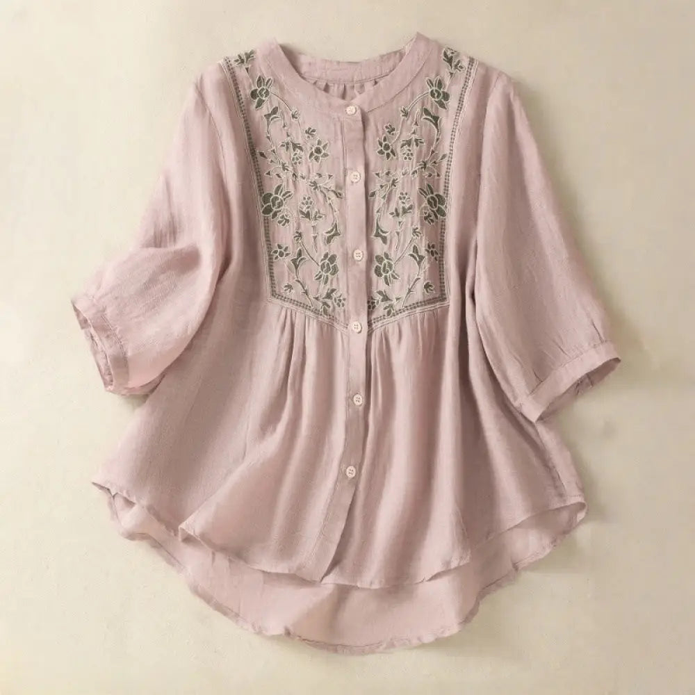 Buddha Stones Embroidery Single Breasted Women’s Cotton Linen Three Quarter Sleeve Shirt - RosyBrown / US4，UK/AU8，EU36