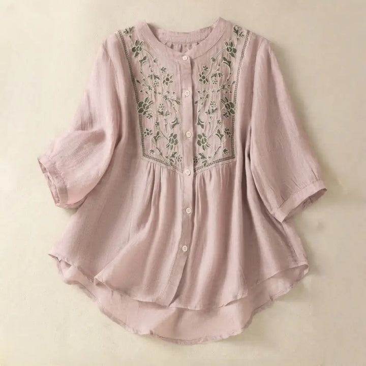 Buddha Stones Embroidery Single Breasted Women’s Cotton Linen Three Quarter Sleeve Shirt - RosyBrown / US4，UK/AU8，EU36