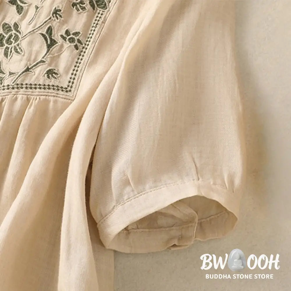 Buddha Stones Embroidery Single Breasted Women’s Cotton Linen Three Quarter Sleeve Shirt - Women’s Shirts