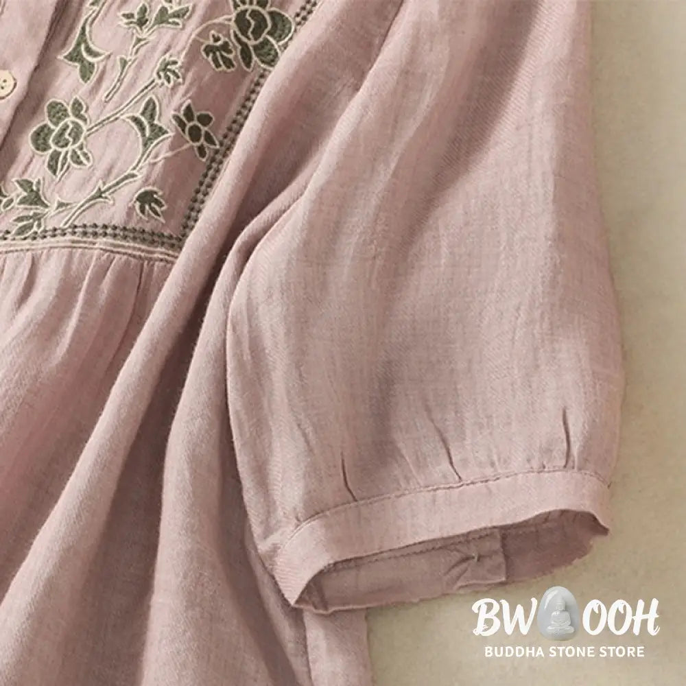 Buddha Stones Embroidery Single Breasted Women’s Cotton Linen Three Quarter Sleeve Shirt - Women’s Shirts
