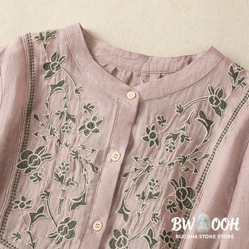 Buddha Stones Embroidery Single Breasted Women’s Cotton Linen Three Quarter Sleeve Shirt - Women’s Shirts