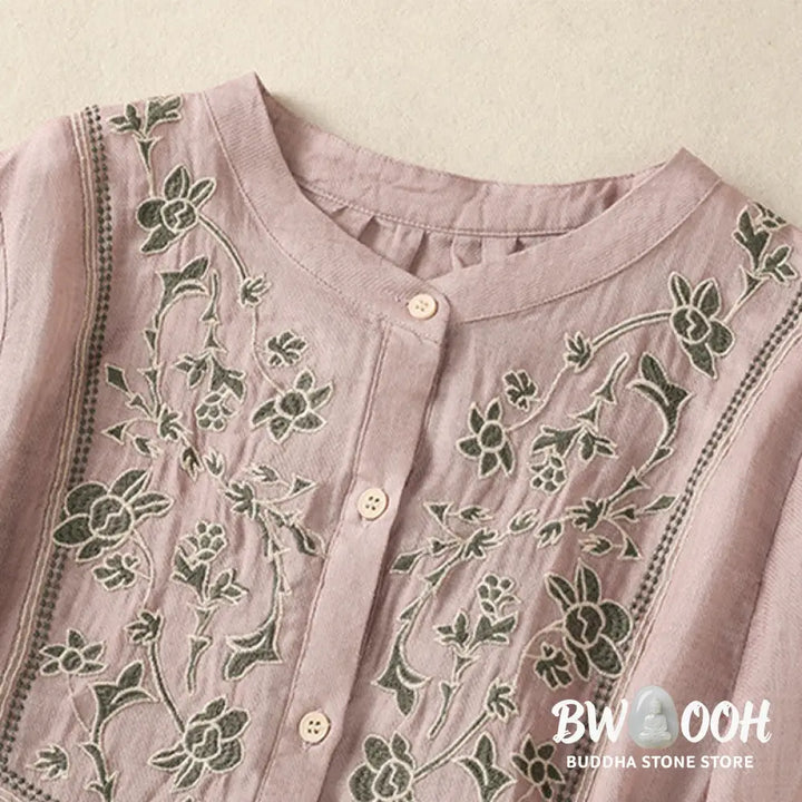 Buddha Stones Embroidery Single Breasted Women’s Cotton Linen Three Quarter Sleeve Shirt - Women’s Shirts
