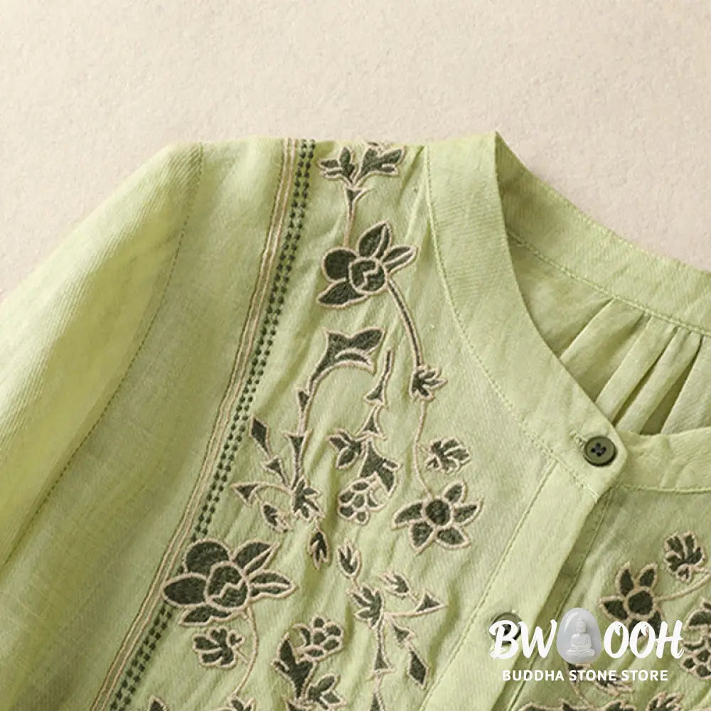 Buddha Stones Embroidery Single Breasted Women’s Cotton Linen Three Quarter Sleeve Shirt - Women’s Shirts