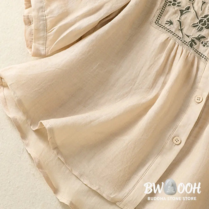 Buddha Stones Embroidery Single Breasted Women’s Cotton Linen Three Quarter Sleeve Shirt - Women’s Shirts