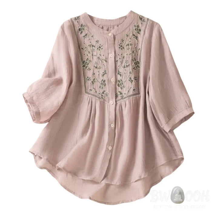 Buddha Stones Embroidery Single Breasted Women’s Cotton Linen Three Quarter Sleeve Shirt - Women’s Shirts