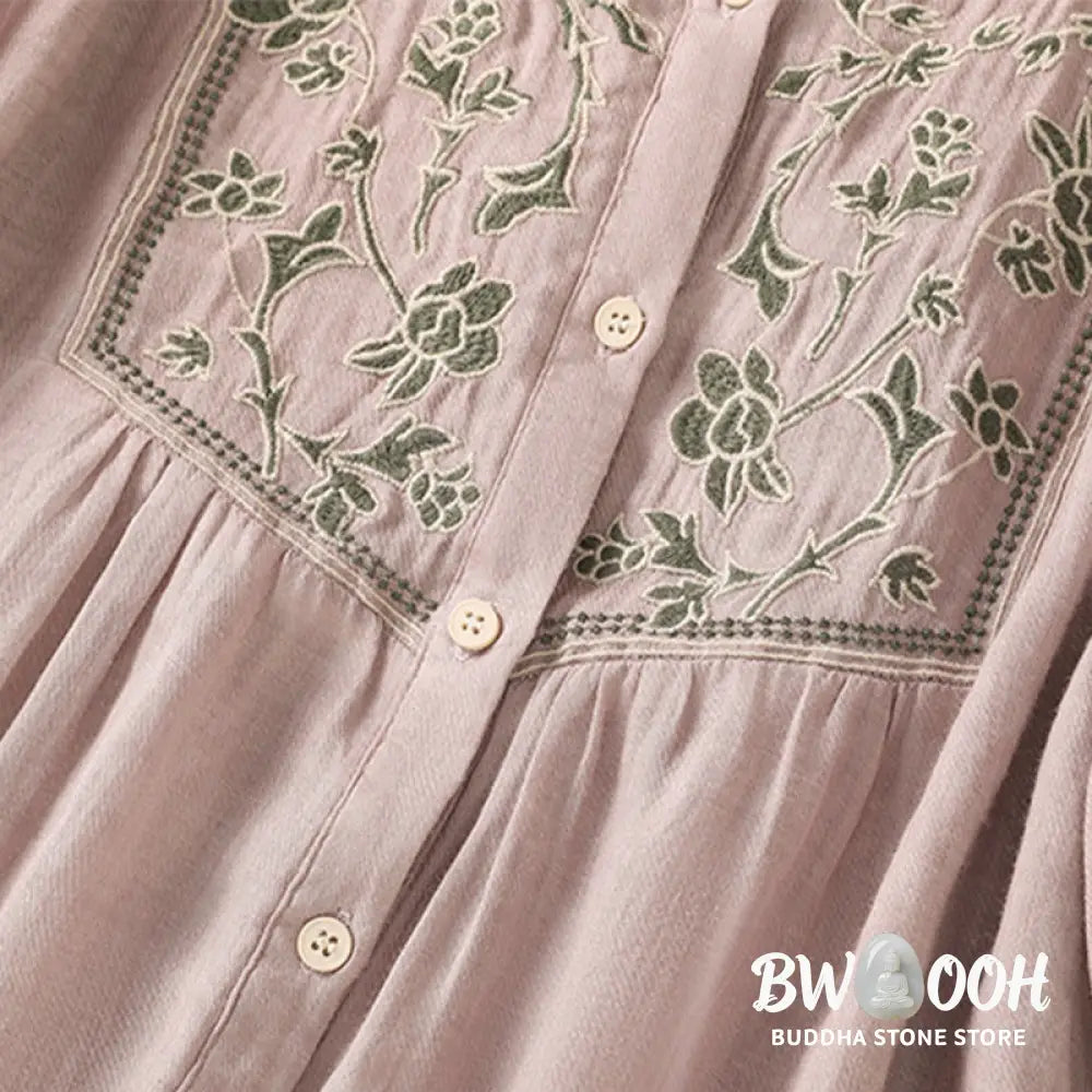 Buddha Stones Embroidery Single Breasted Women’s Cotton Linen Three Quarter Sleeve Shirt - Women’s Shirts