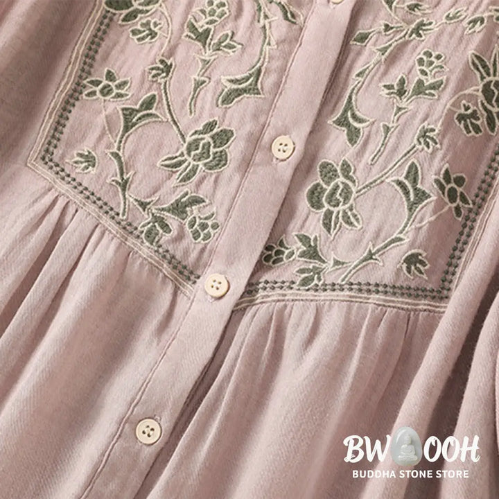 Buddha Stones Embroidery Single Breasted Women’s Cotton Linen Three Quarter Sleeve Shirt - Women’s Shirts