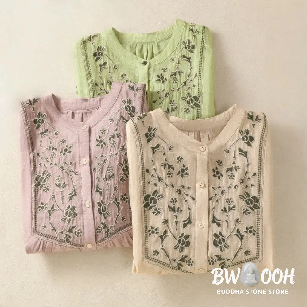 Buddha Stones Embroidery Single Breasted Women’s Cotton Linen Three Quarter Sleeve Shirt - Women’s Shirts