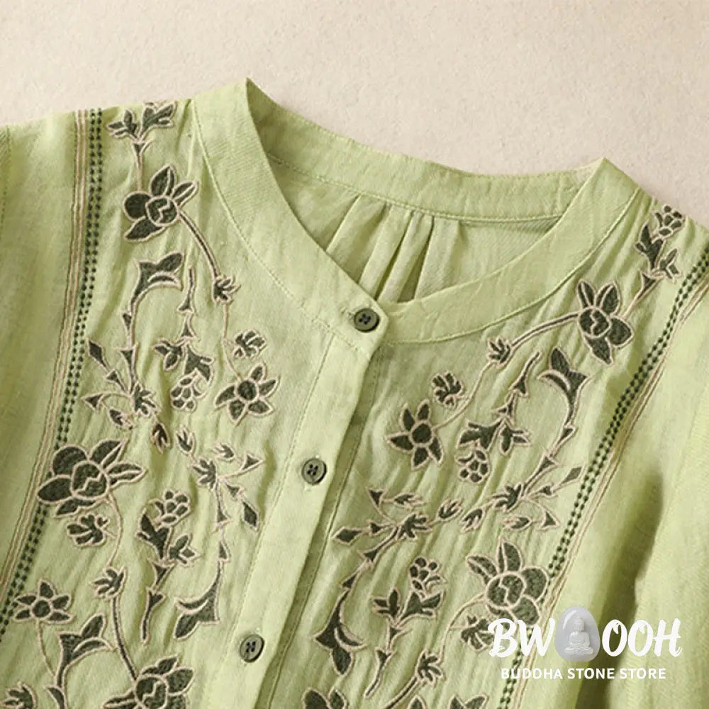 Buddha Stones Embroidery Single Breasted Women’s Cotton Linen Three Quarter Sleeve Shirt - Women’s Shirts