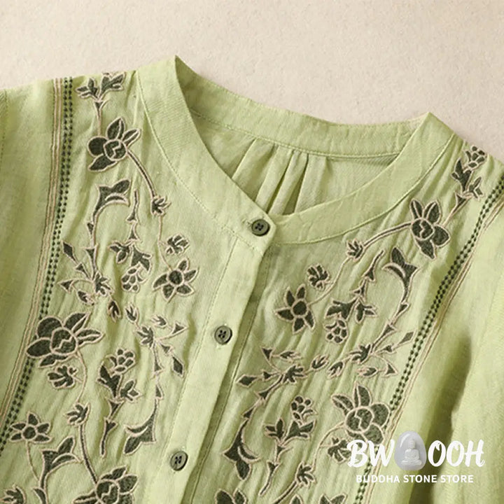 Buddha Stones Embroidery Single Breasted Women’s Cotton Linen Three Quarter Sleeve Shirt - Women’s Shirts