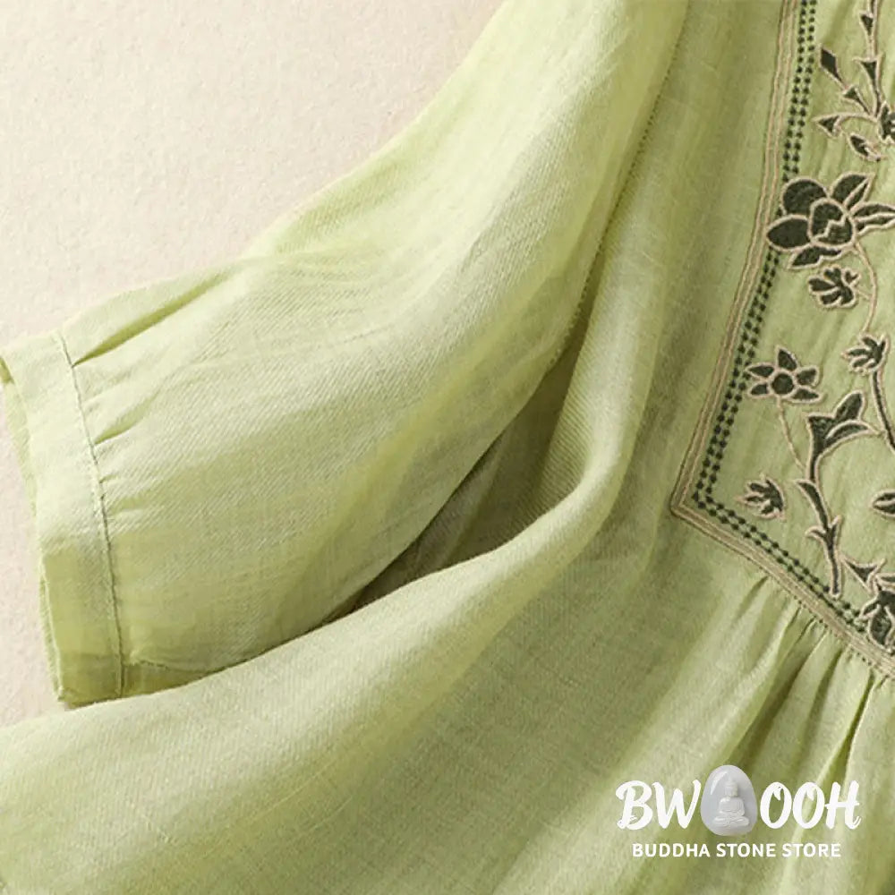 Buddha Stones Embroidery Single Breasted Women’s Cotton Linen Three Quarter Sleeve Shirt - Women’s Shirts
