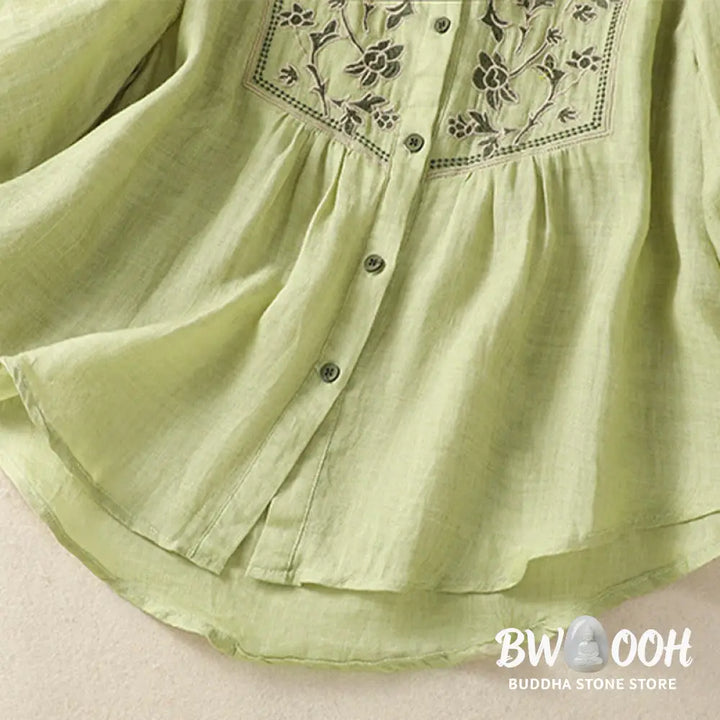 Buddha Stones Embroidery Single Breasted Women’s Cotton Linen Three Quarter Sleeve Shirt - Women’s Shirts