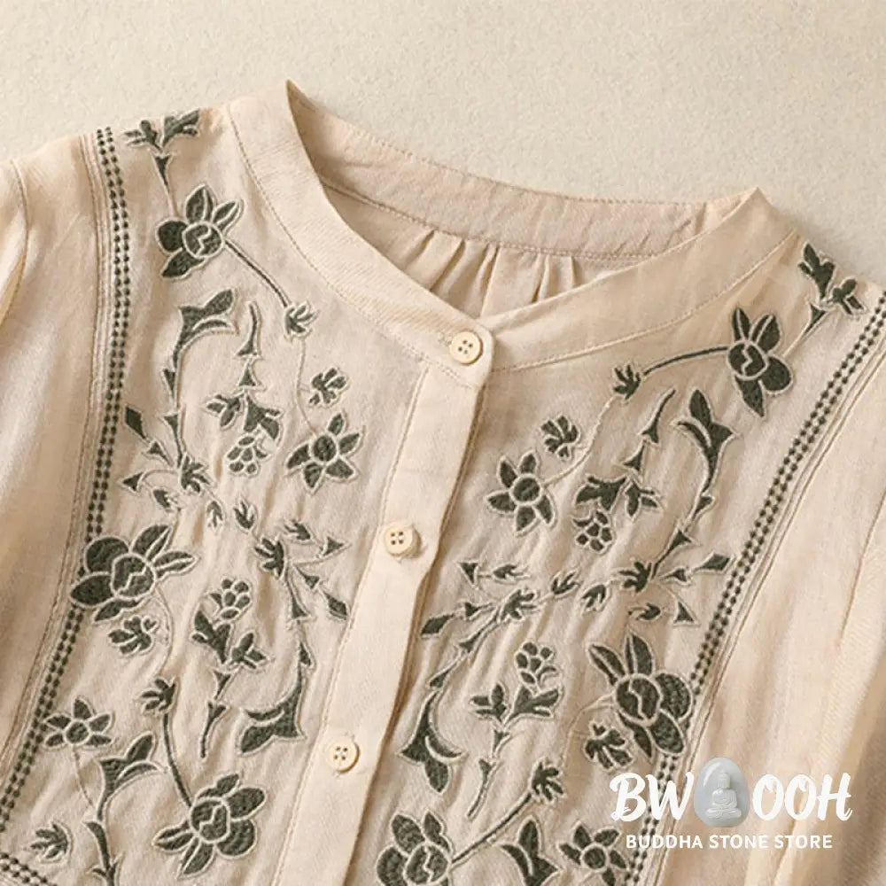 Buddha Stones Embroidery Single Breasted Women’s Cotton Linen Three Quarter Sleeve Shirt - Women’s Shirts