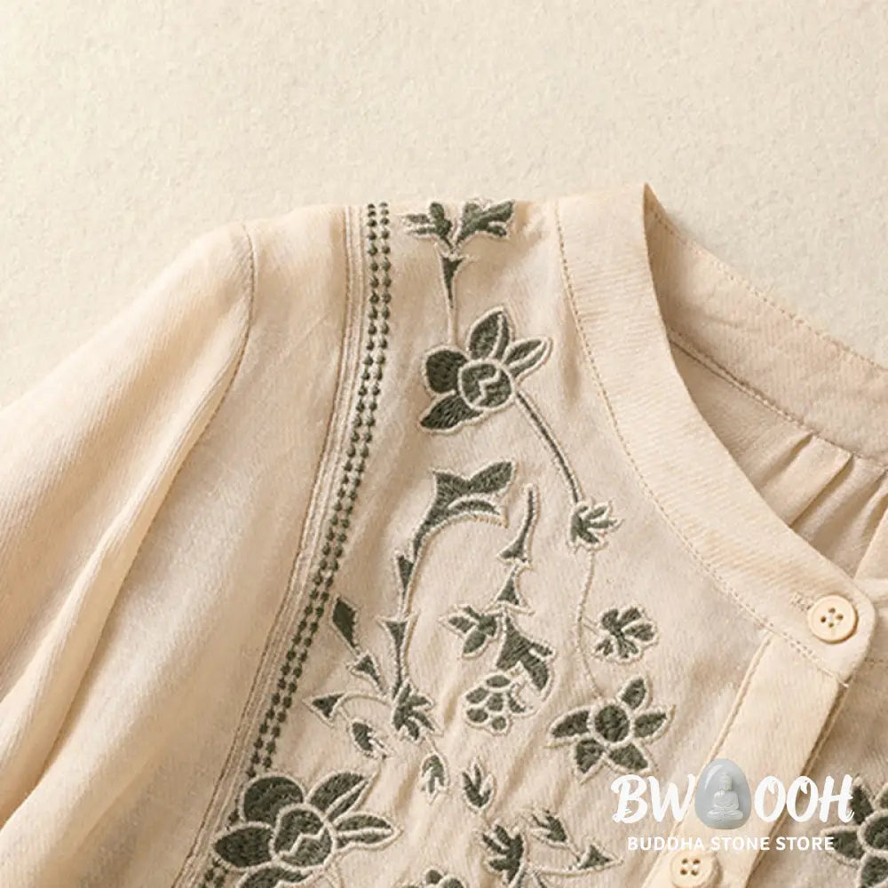 Buddha Stones Embroidery Single Breasted Women’s Cotton Linen Three Quarter Sleeve Shirt - Women’s Shirts