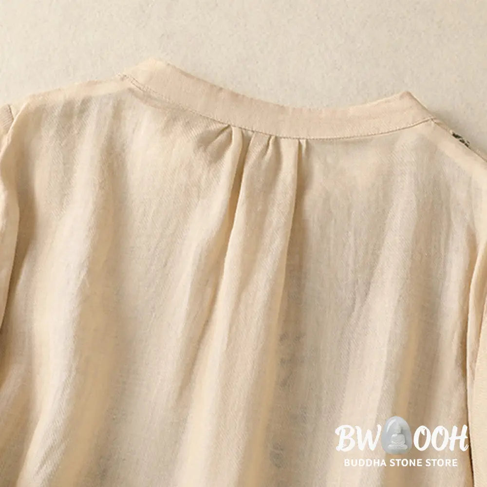 Buddha Stones Embroidery Single Breasted Women’s Cotton Linen Three Quarter Sleeve Shirt - Women’s Shirts
