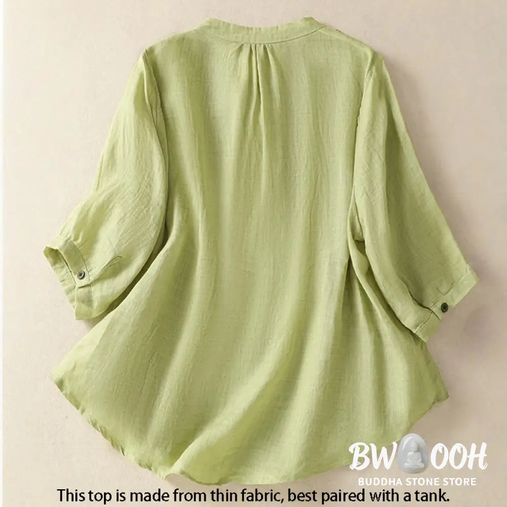 Buddha Stones Embroidery Single Breasted Women’s Cotton Linen Three Quarter Sleeve Shirt - Women’s Shirts