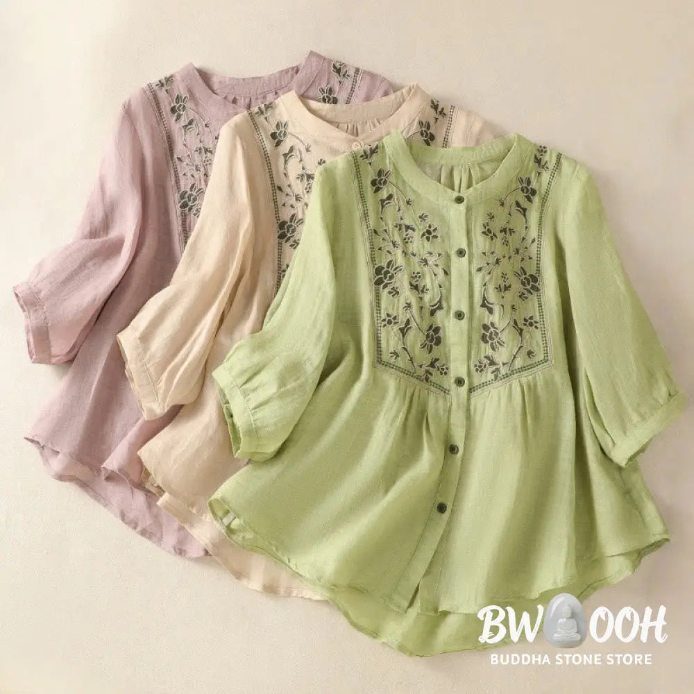 Buddha Stones Embroidery Single Breasted Women’s Cotton Linen Three Quarter Sleeve Shirt - Women’s Shirts
