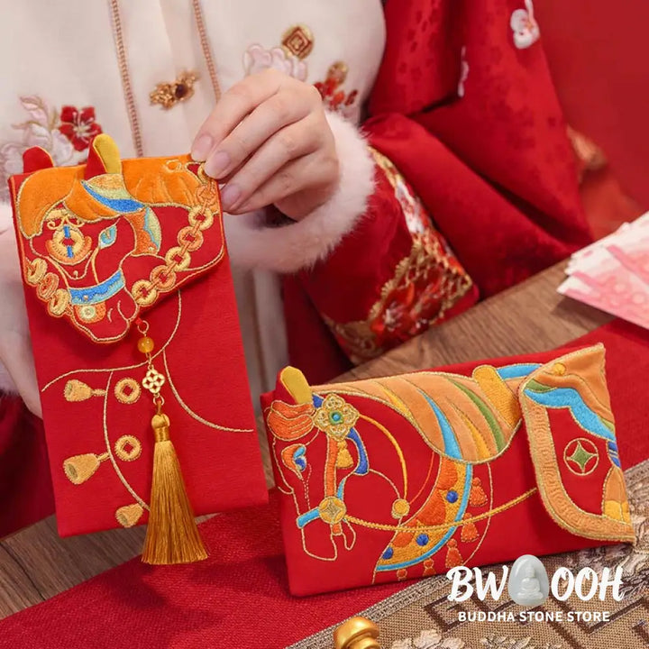 Buddha Stones Embroidery Year Of The Horse 2026 New Year Tassel Chinese Red Envelope - Red Envelope