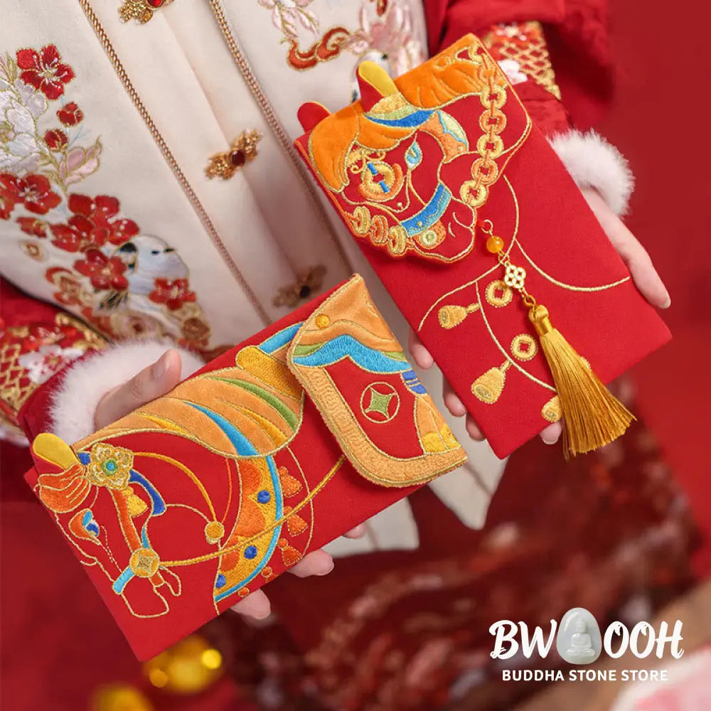Buddha Stones Embroidery Year Of The Horse 2026 New Year Tassel Chinese Red Envelope - Red Envelope
