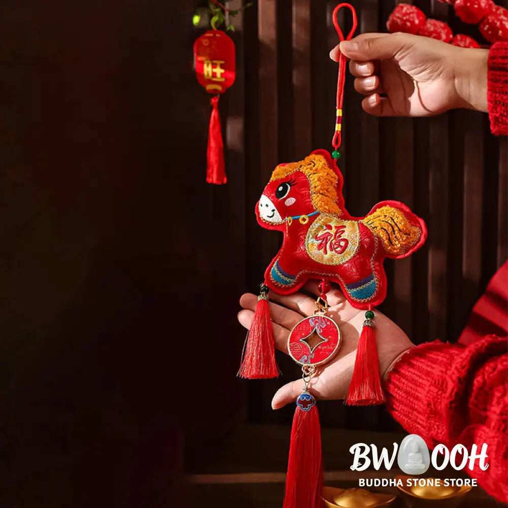 Buddha Stones Embroidery Year Of The Horse Fu Character Copper Coin Shape Red String Hanging Decoration - Hanging