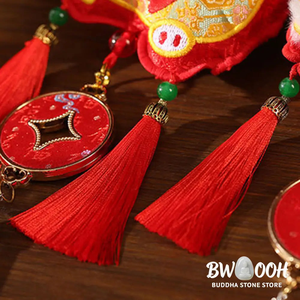 Buddha Stones Embroidery Year Of The Horse Fu Character Copper Coin Shape Red String Hanging Decoration - Hanging