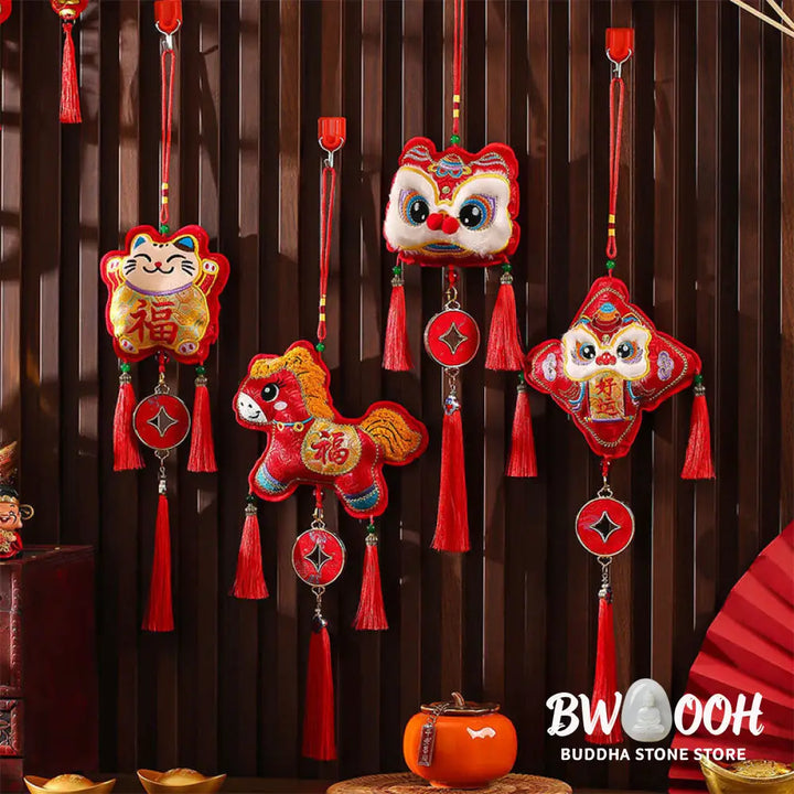 Buddha Stones Embroidery Year Of The Horse Fu Character Copper Coin Shape Red String Hanging Decoration - Hanging