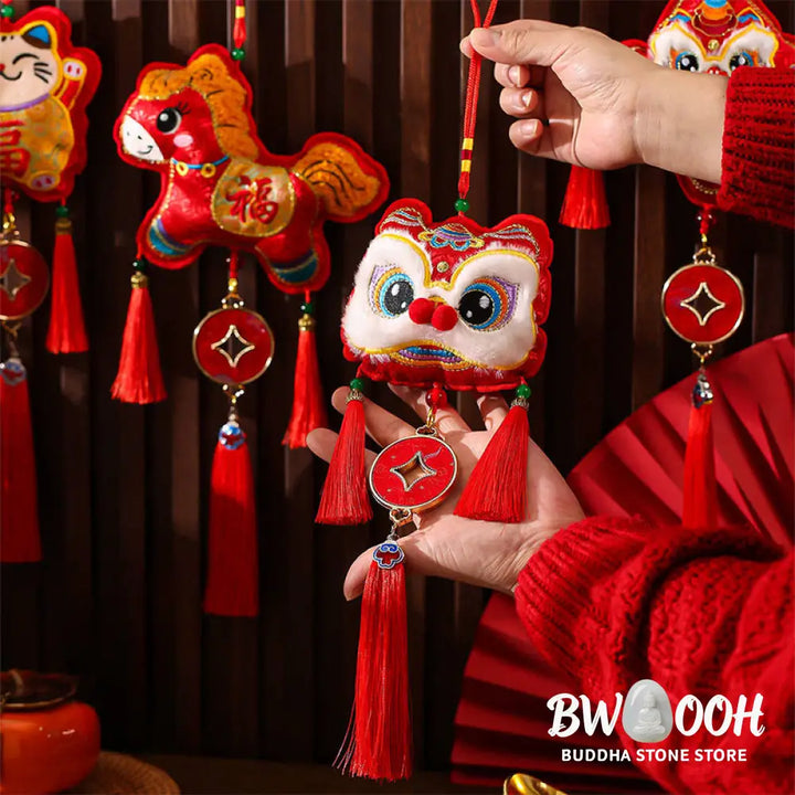 Buddha Stones Embroidery Year Of The Horse Fu Character Copper Coin Shape Red String Hanging Decoration - Hanging