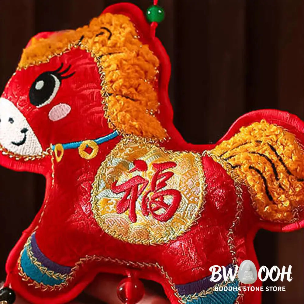 Buddha Stones Embroidery Year Of The Horse Fu Character Copper Coin Shape Red String Hanging Decoration - Hanging